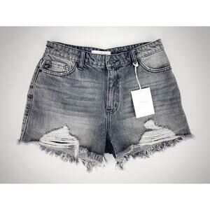 NWT Kancan High Rise L-Grey Frayed Hem Denim Short, Sz 11/29 - Style#KC7259L